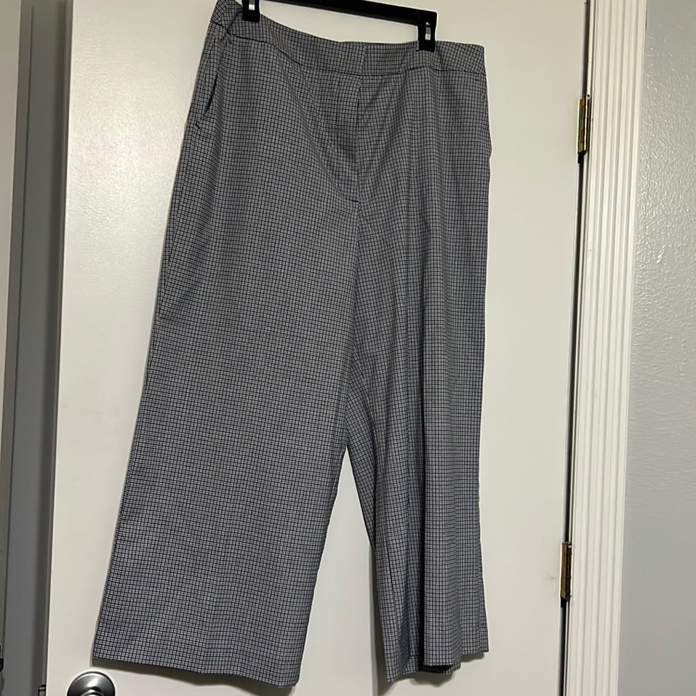 Wide-leg pants. Navy, gray, and white plaid.